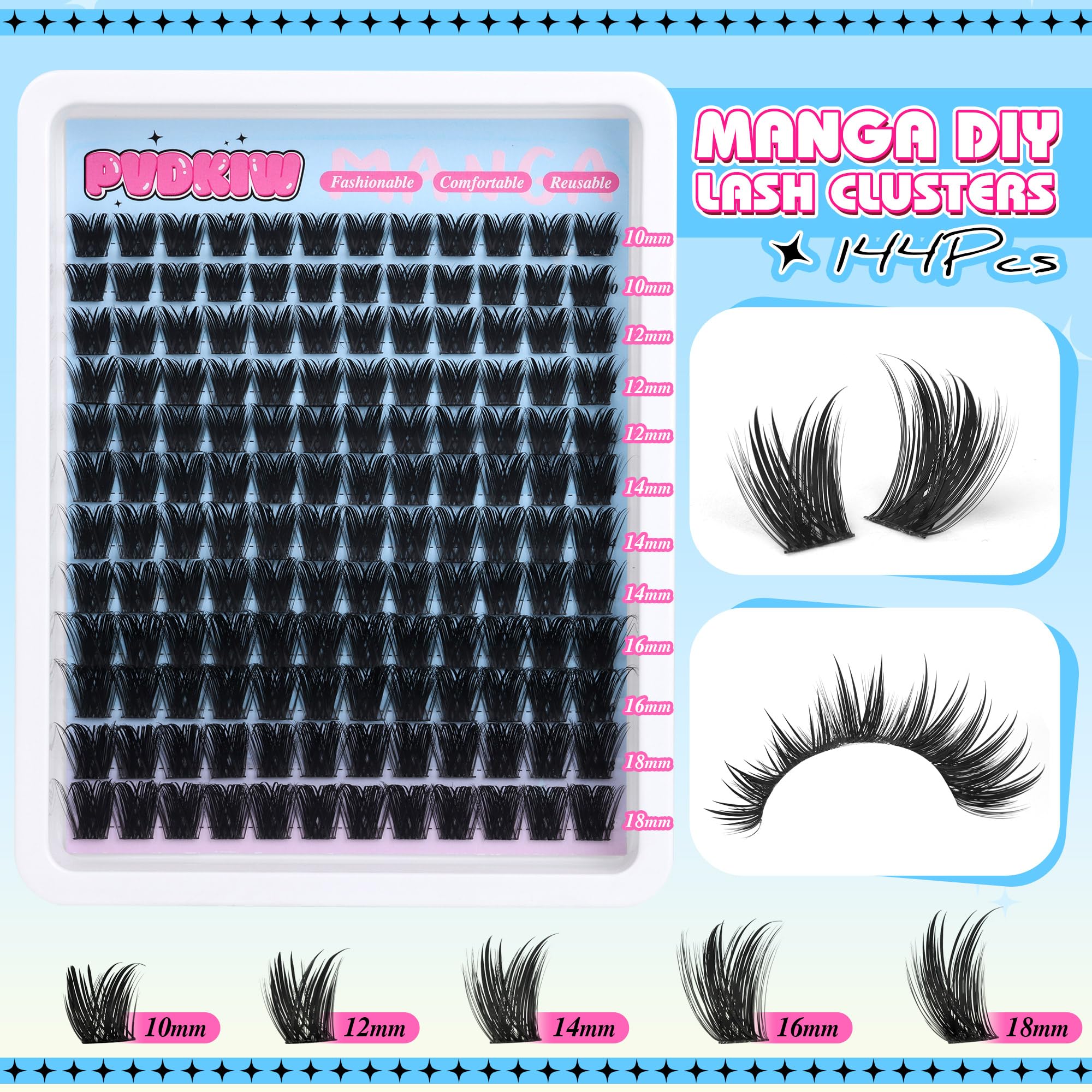 PVDKIW volume lash clusters 16mm wispy for extended lash definition