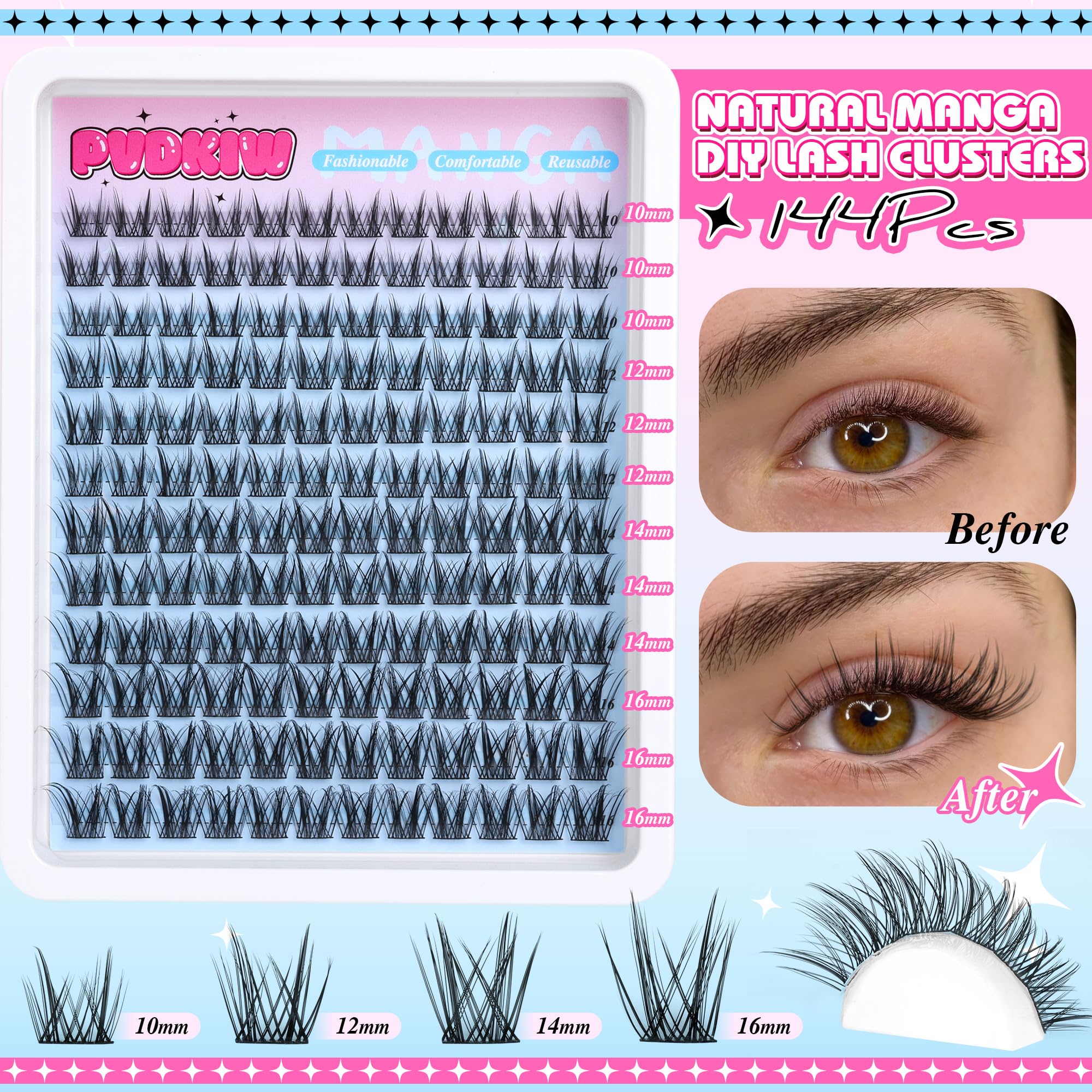 PVDKIW Wispy Lash Clusters 14mm close-up, enhances definition for subtle drama.