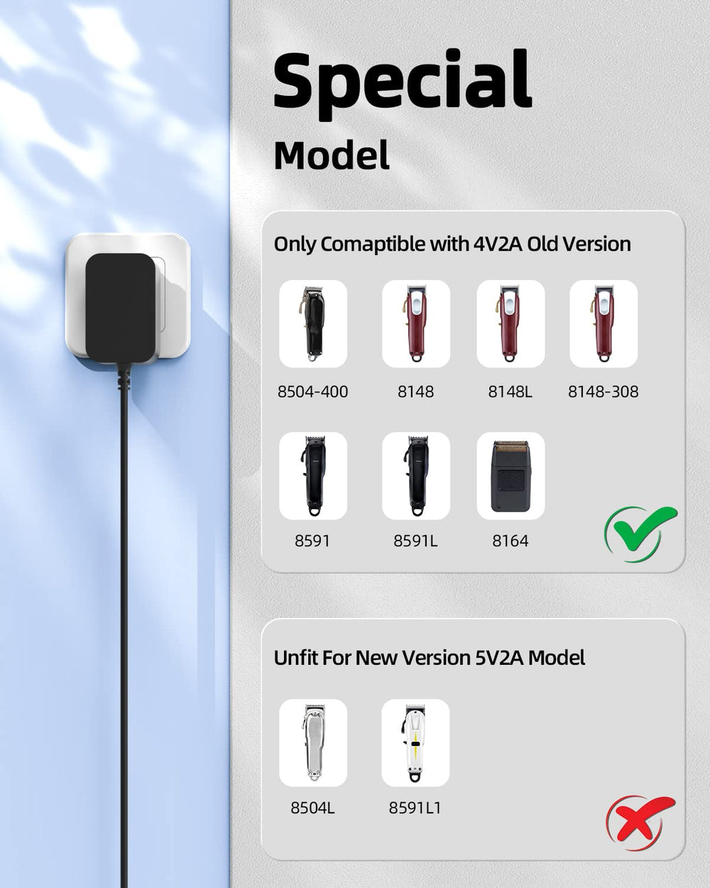 Pwept 4V charger for Wahl 08504-400 port with safety protections.