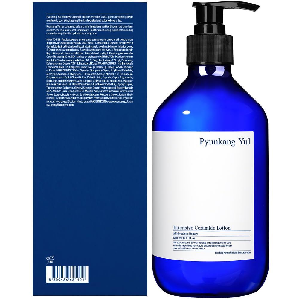 Pyunkang Yul Intensive Ceramide Lotion highlights olive oil ingredients for natural nourishment.