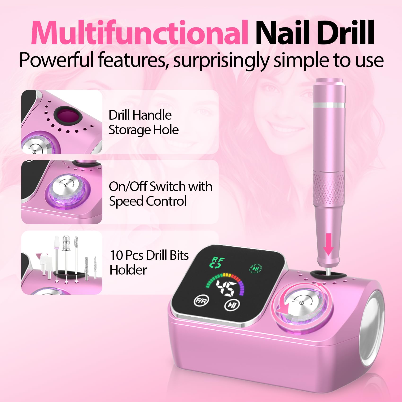 PYVOLA electric nail file ergonomic handpiece offers comfortable grip for longer manicure sessions.