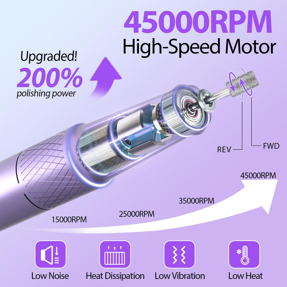 PYVOLA nail drill 45k RPM motor delivers strong torque for quick shaping.