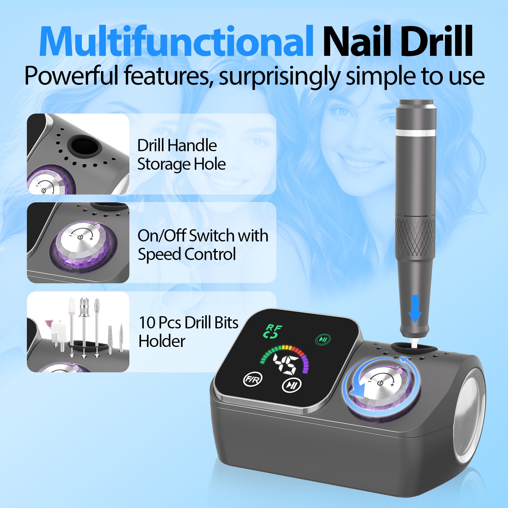 PYVOLA nail drill LCD display close-up with real-time speed and direction control.