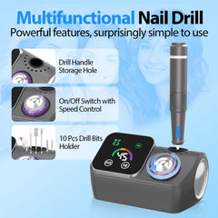 PYVOLA nail drill LCD display close-up with real-time speed and direction control.
