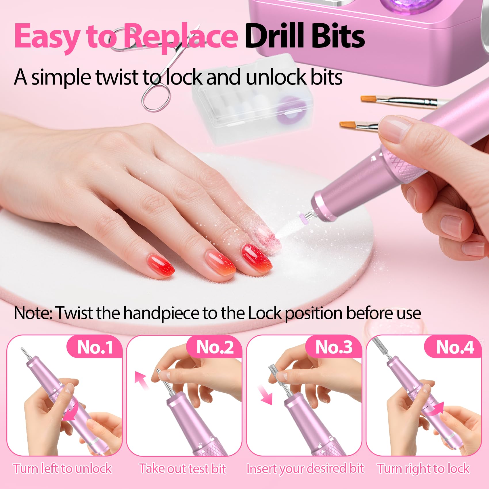 PYVOLA nail drill storage base keeps bits organized for a tidy workspace.