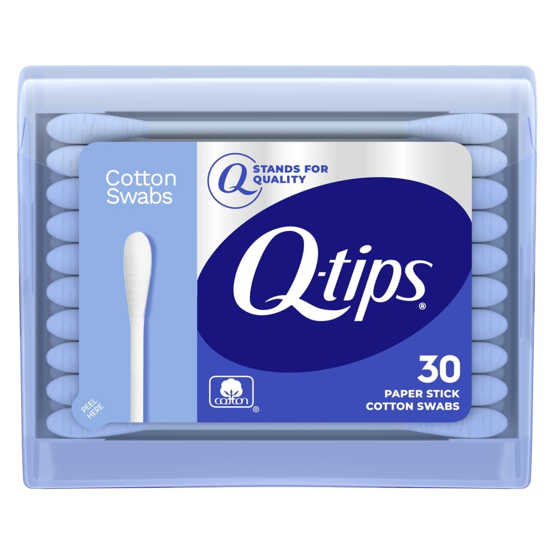Q-tips blue travel pack front view showing flip-top dispenser and portability benefit