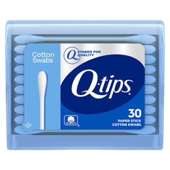 Q-tips blue travel pack front view showing flip-top dispenser and portability benefit