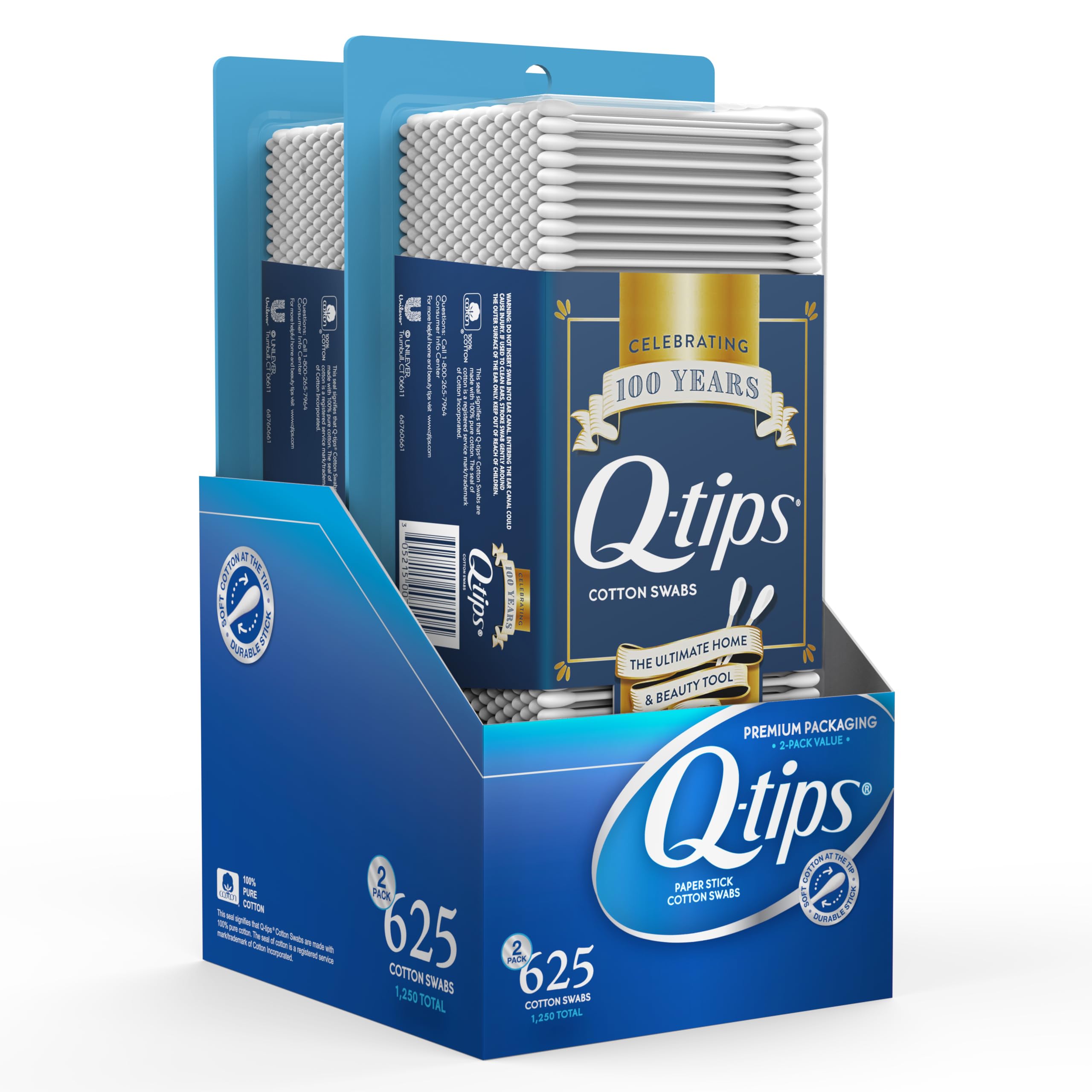 Q-tips cotton swabs pack 625 count close-up showing premium cotton tips for precise beauty and cleaning.