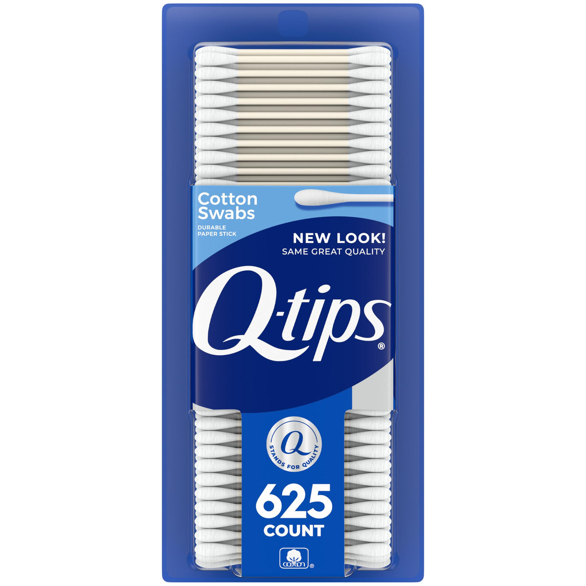 Q-tips front packaging showing 625 count and brand benefit of value