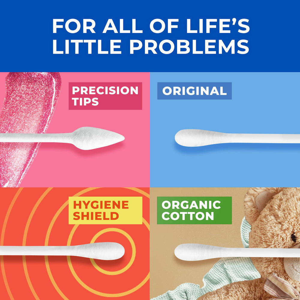 Q-tips recyclable packaging label showing eco-friendly sourcing advantage