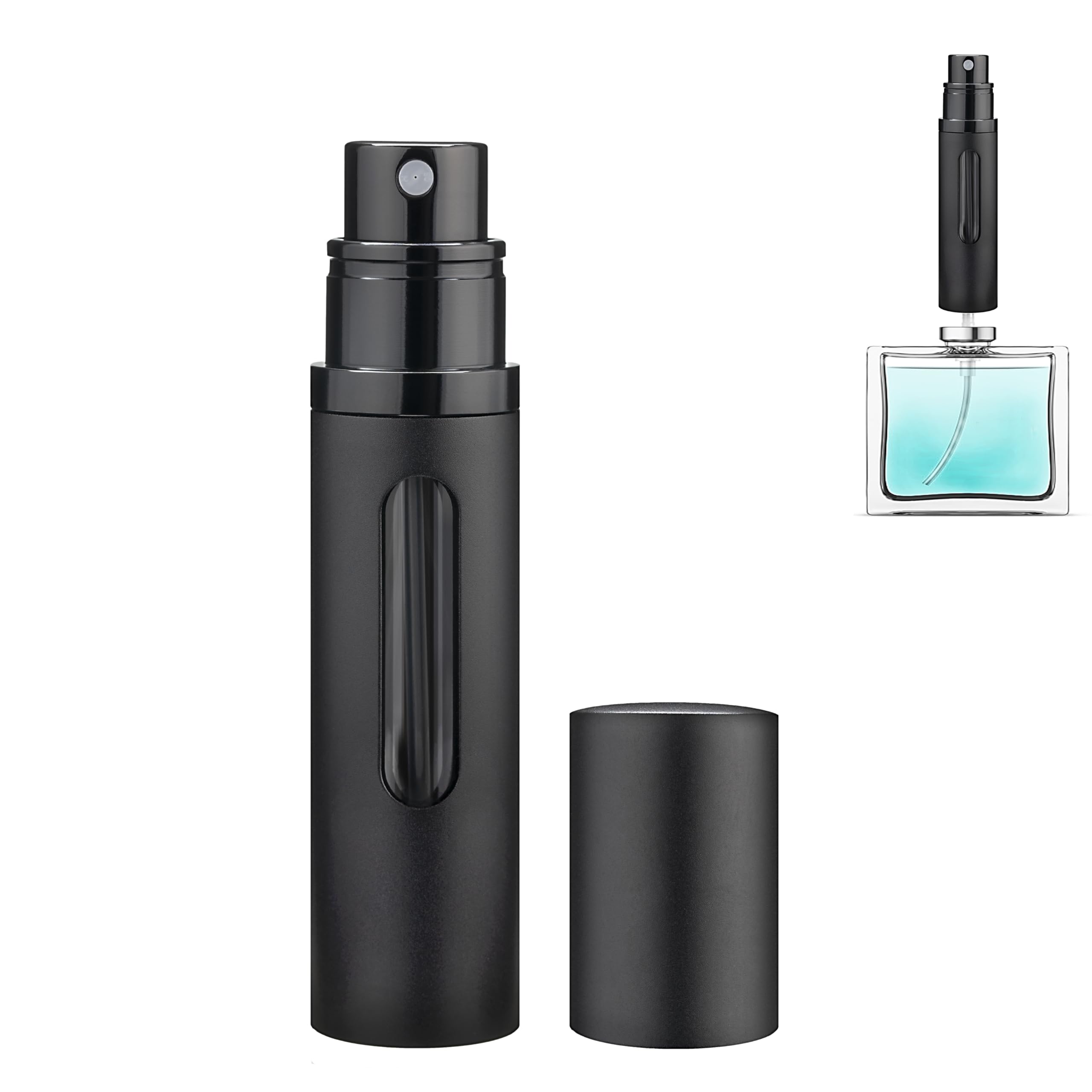 Qavhun refillable bottle with black cap for easy travel fragrance.
