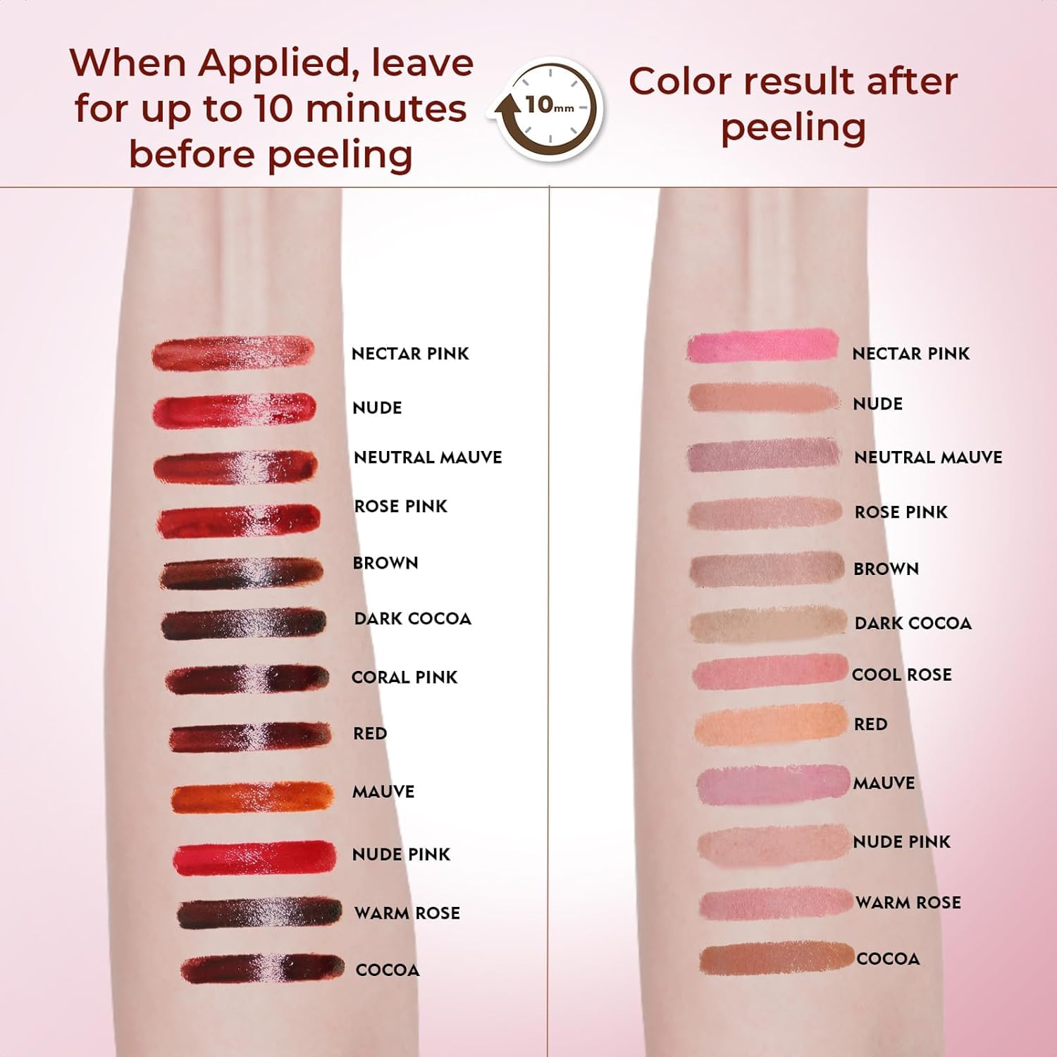 QCMME lip liner stain shows easy application and clean peel-off process.