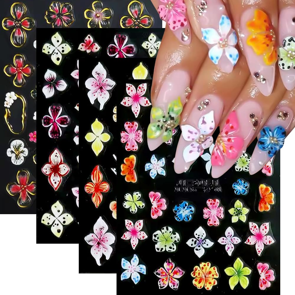 Qdsuh 5D embossed hibiscus nail stickers for quick, stylish at-home manicure.