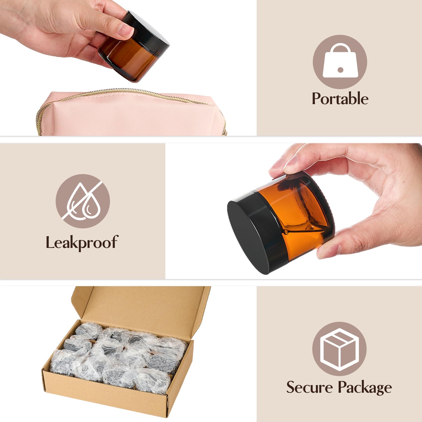 Qeirudu amber glass jar displays compact 2oz round design for samples.