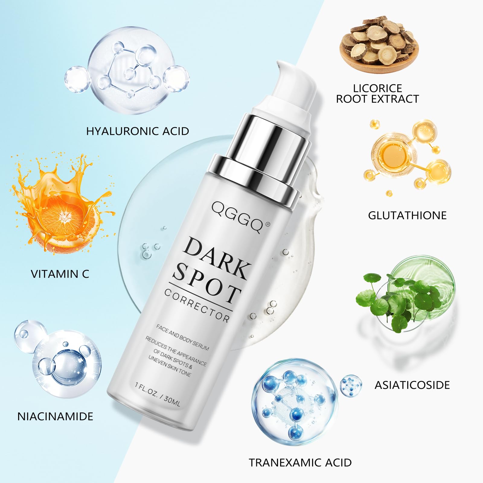 QGGQ dark spot remover texture swirl demonstrates hydrating formula and glow.