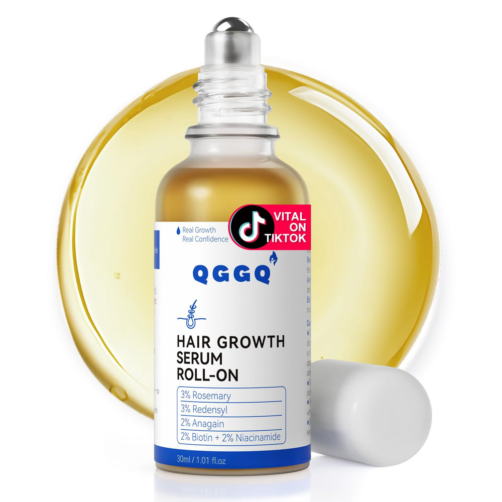 QGGQ Hair Growth Serum Roll-On bottle close-up for on-the-go no-rinse use