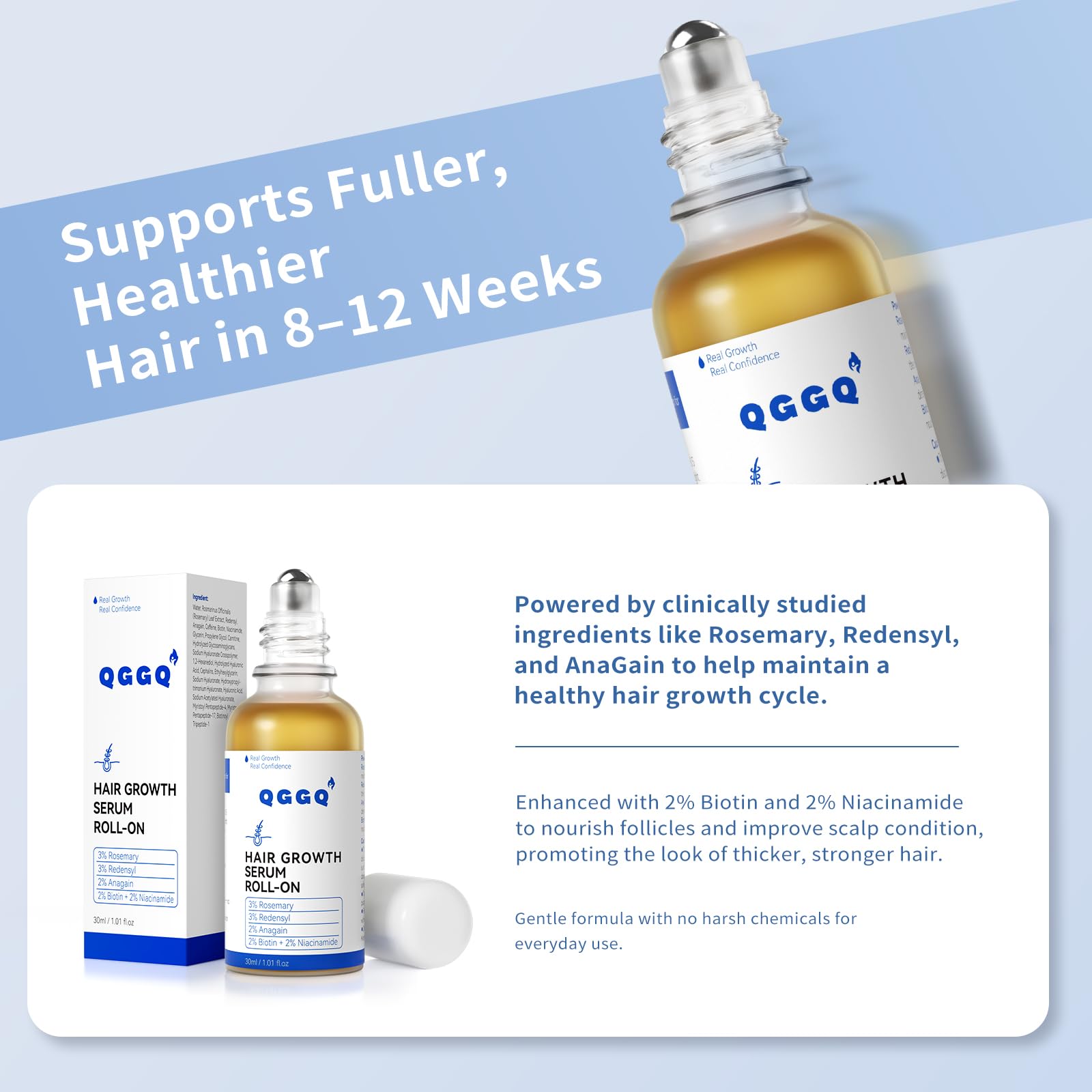 QGGQ Hair Growth Serum Roll-On on scalp shows targeted thinning-area care