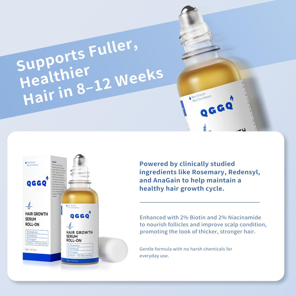 QGGQ Hair Growth Serum Roll-On on scalp shows targeted thinning-area care