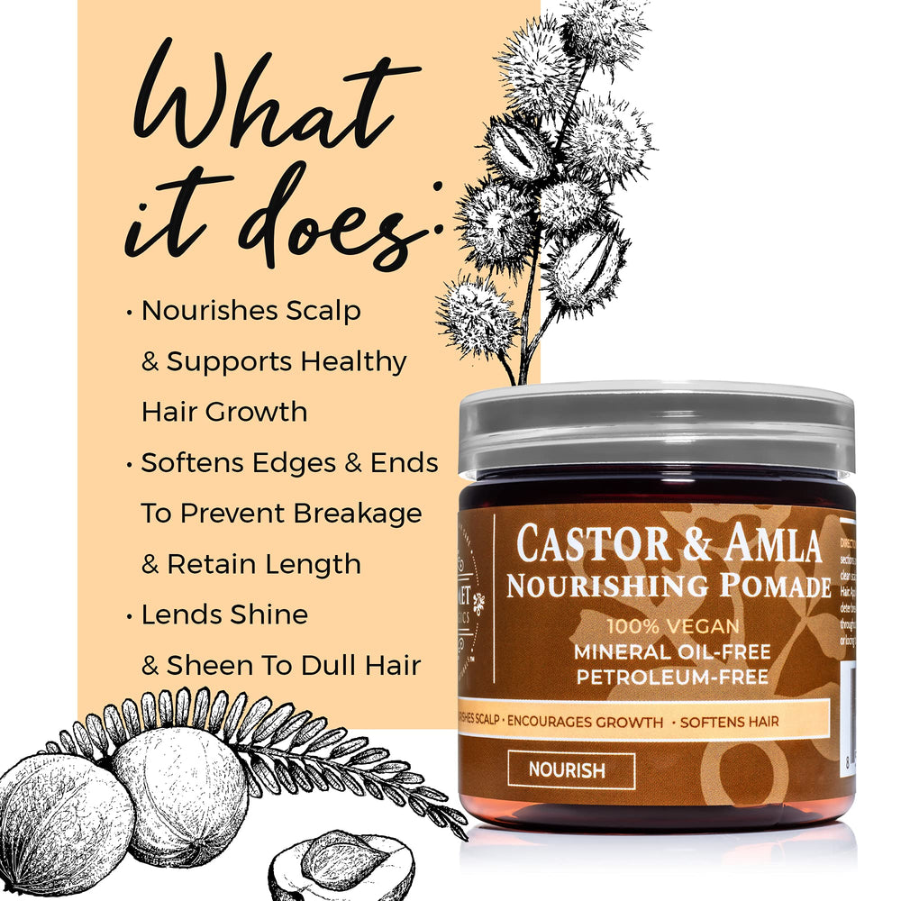 Qhemet Biologics Castor & Amla pomade applied to hair for even distribution