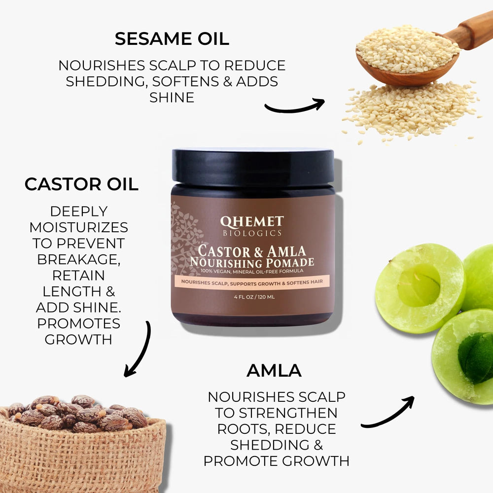 Qhemet Biologics Castor & Amla pomade ingredients label highlights vegan formula