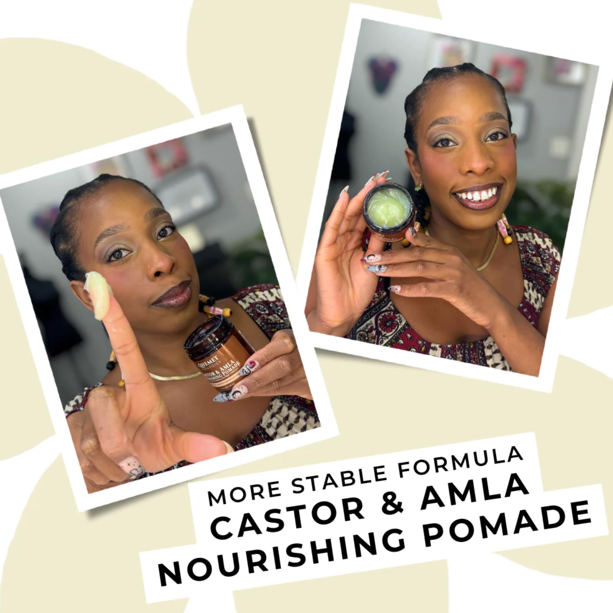 Qhemet Biologics Castor & Amla pomade jar close-up shows creamy texture