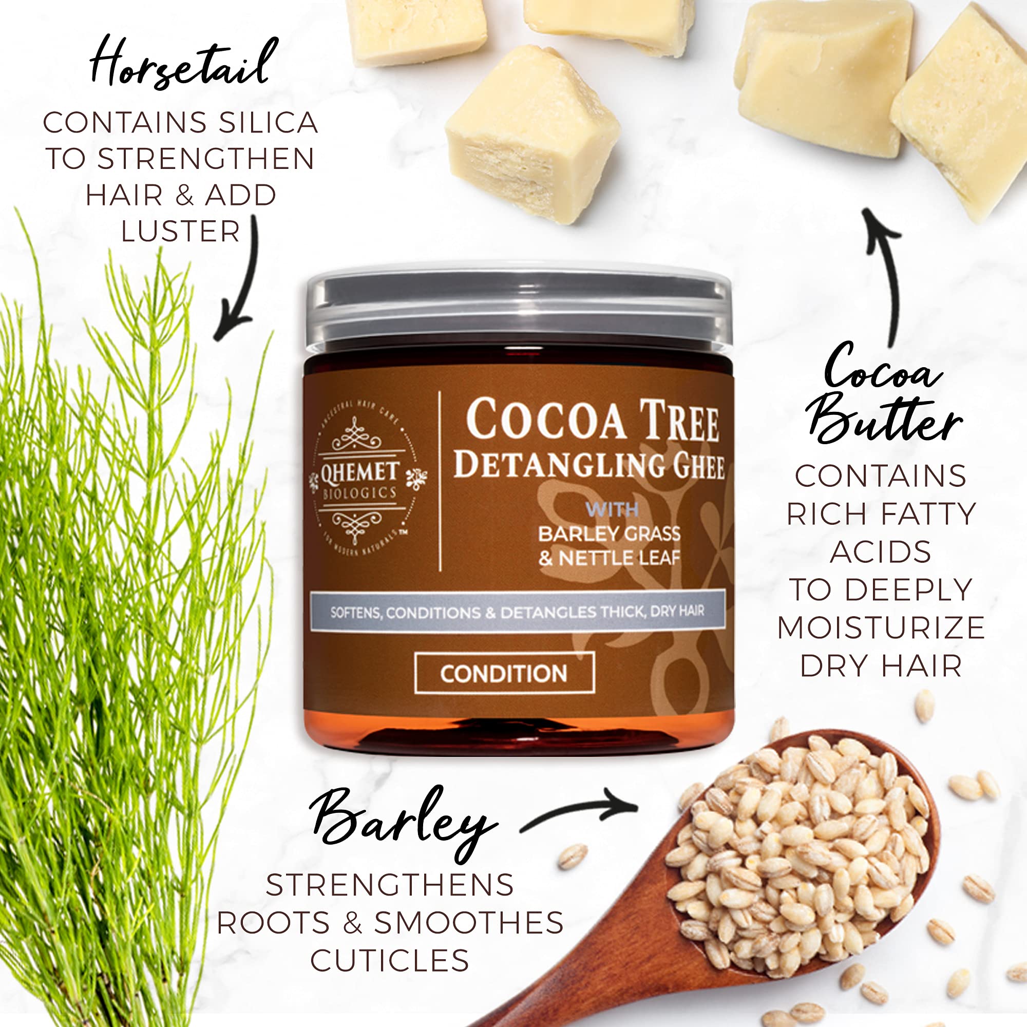 Qhemet Cocoa Tree Detangling Ghee application shows easier wet combing and pliable hair
