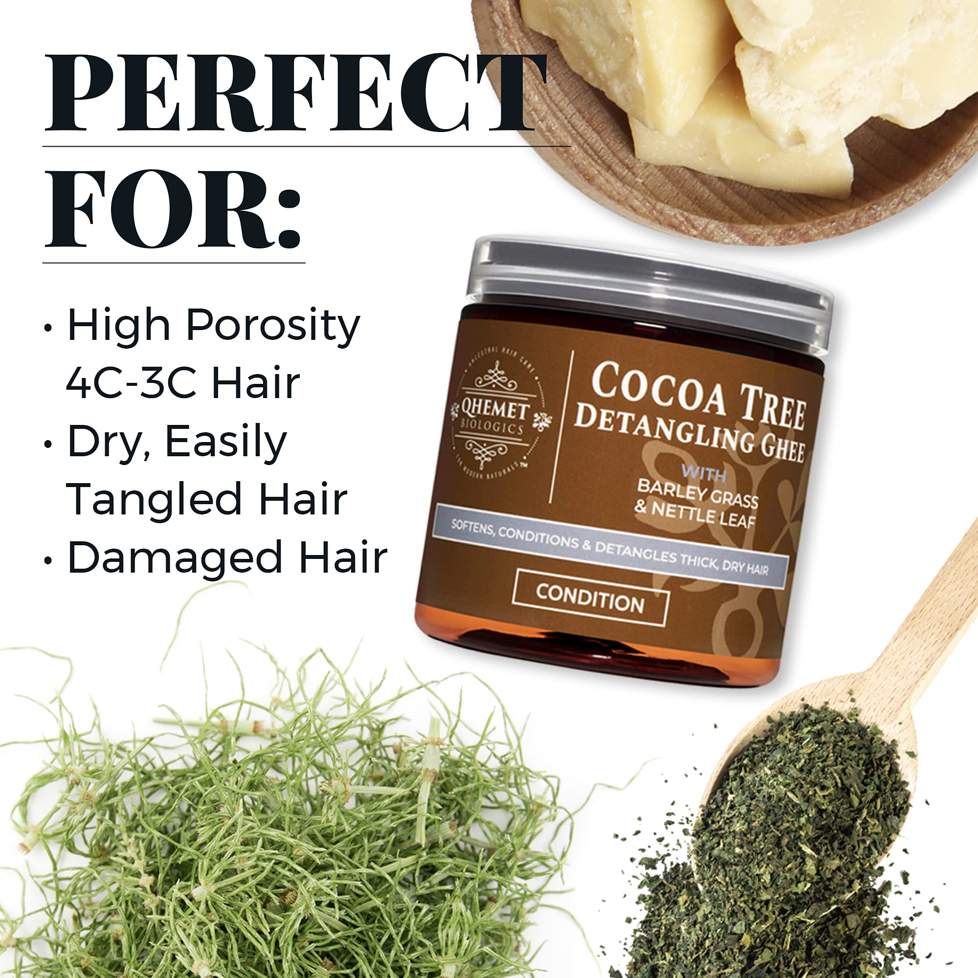 Qhemet Cocoa Tree Detangling Ghee creamy texture softens and conditions hair