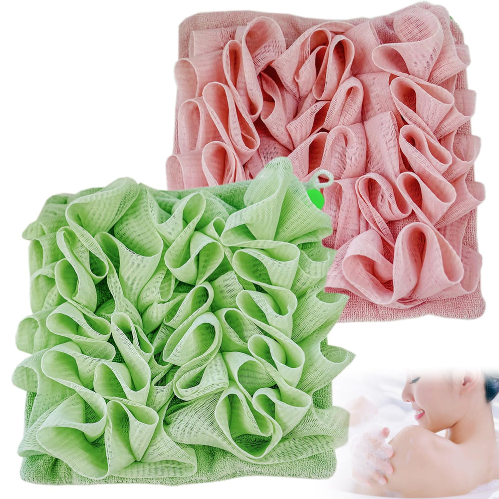 QIYUDA lufa dos en uno para ducha en rosado y verde, genera más espuma con jabón.