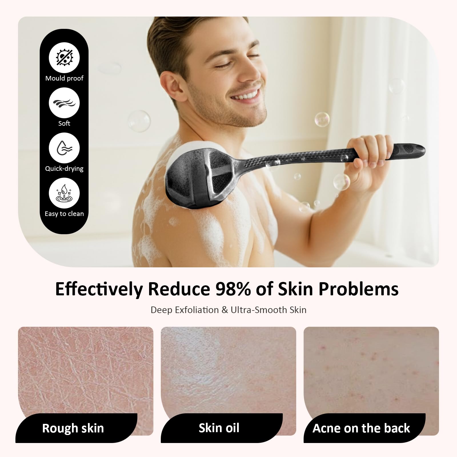 QiaKeoo detachable back brush with silicone scrubbers for versatile exfoliation
