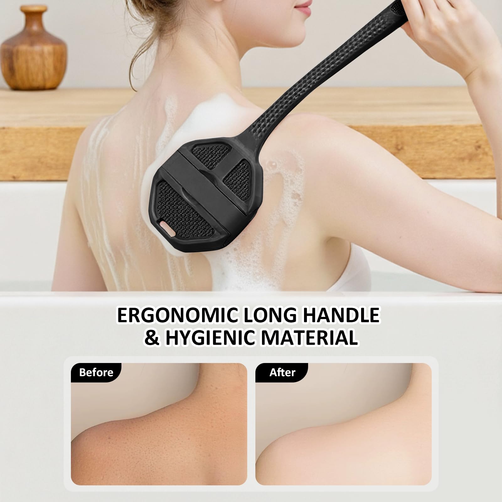 QiaKeoo ergonomic non-slip grip improves control during shower scrubbing