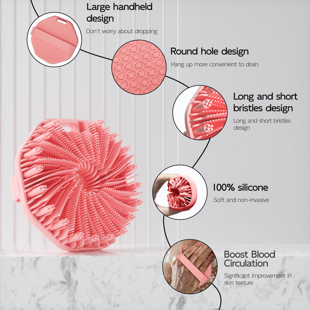 QiaKeoo silicone body scrubber with black handle, non-slip grip for comfortable massage.