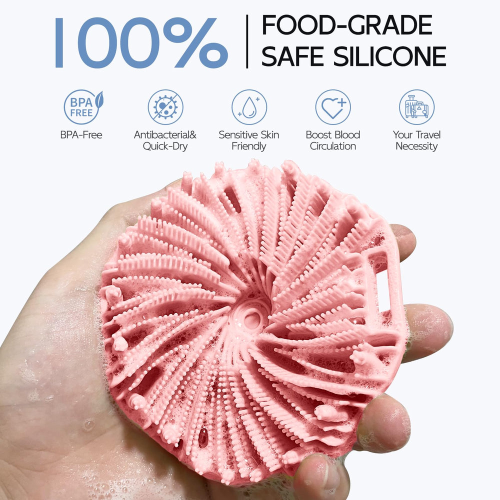 QiaKeoo silicone body scrubber bristles close-up, gentle exfoliation for smooth skin.