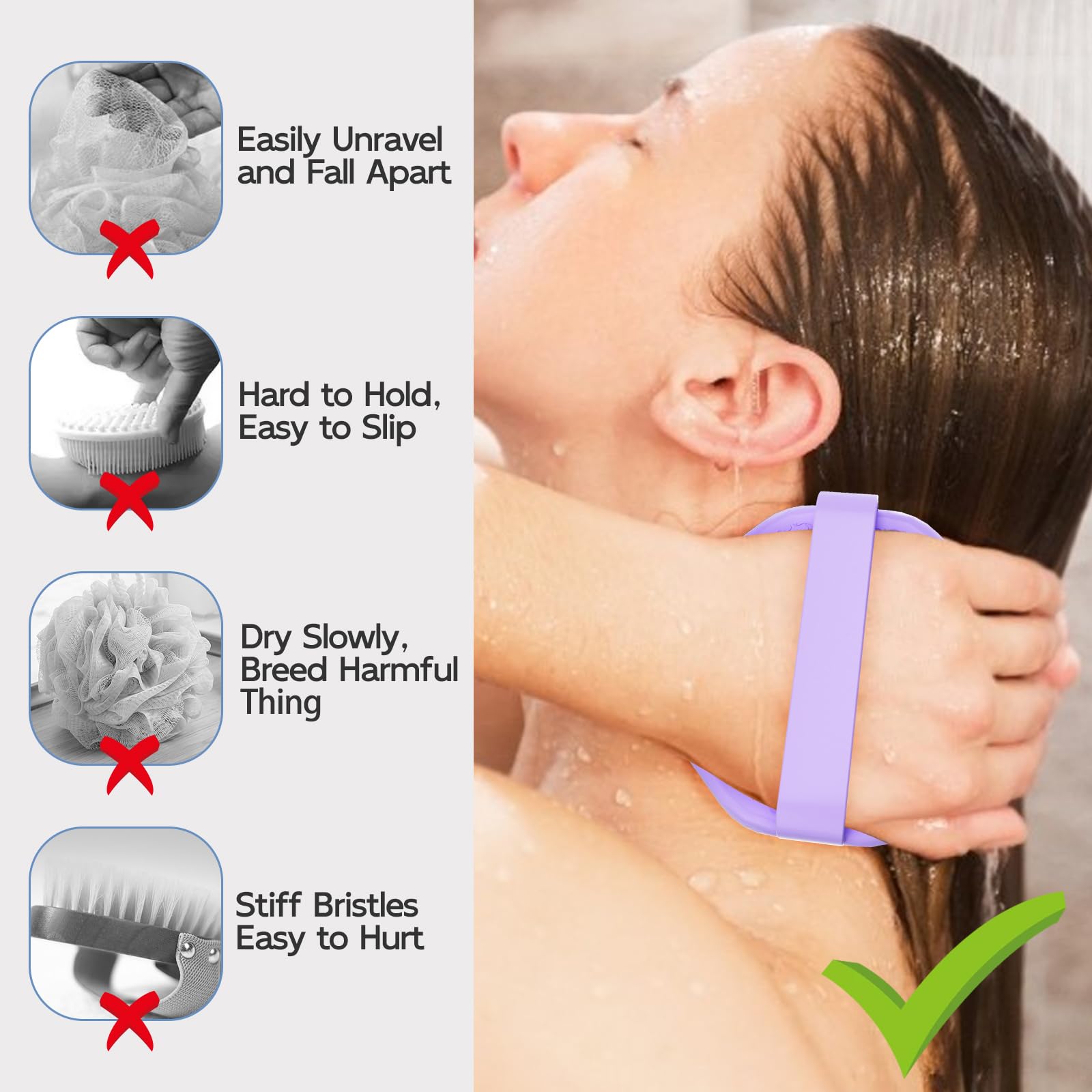QiaKeoo silicone body scrubber delivering comfortable massage and relief during shower.