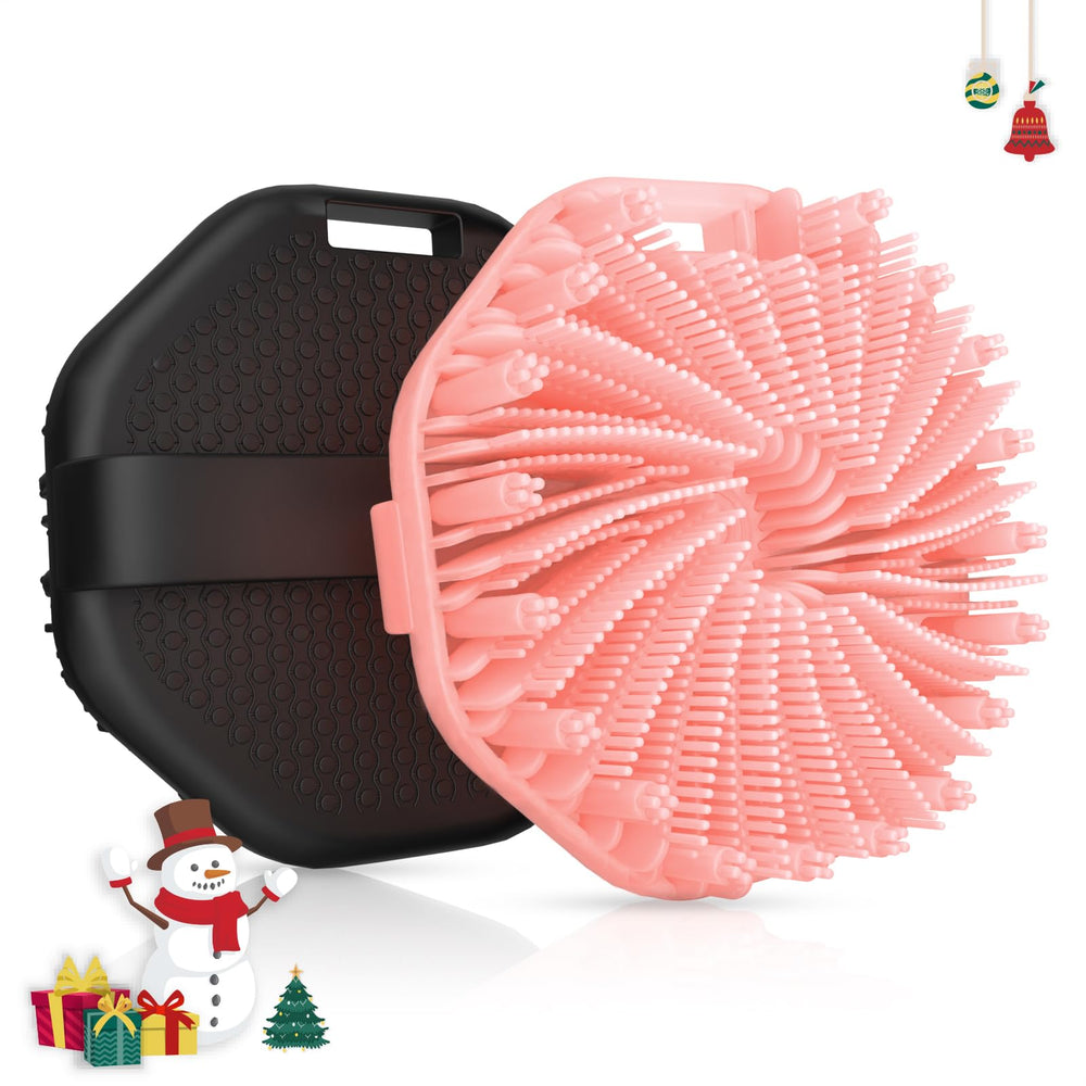 QiaKeoo silicone body scrubber packaging in black and pink, travel-friendly cleansing companion.