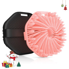 QiaKeoo silicone body scrubber packaging in black and pink, travel-friendly cleansing companion.