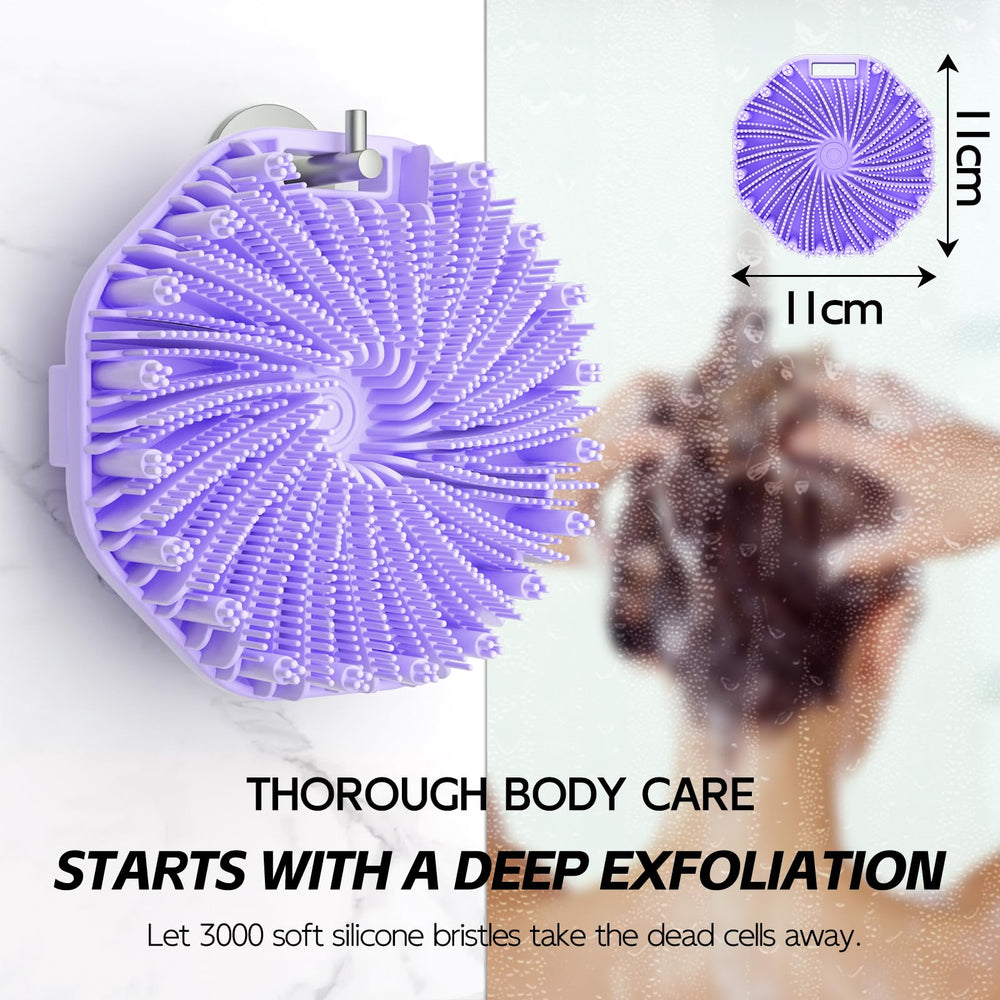 QiaKeoo silicone body scrubber shown as portable and durable for home or travel.