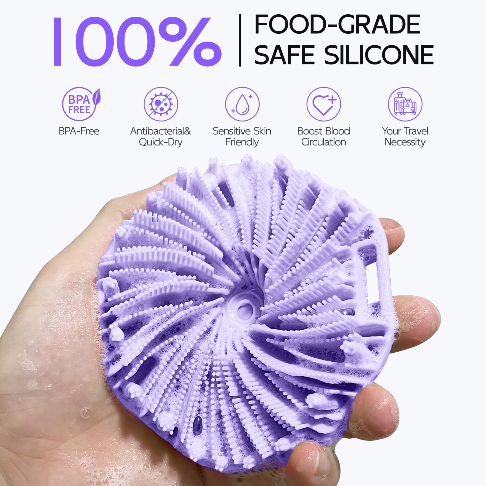 QiaKeoo silicone body scrubber with silver-infused design for enhanced bathing.