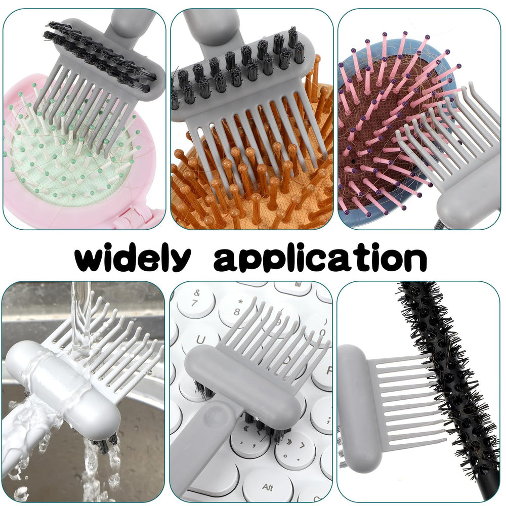 Qianyu 2-in-1 brush cleaner in use on a hairbrush for efficient removal of hair.