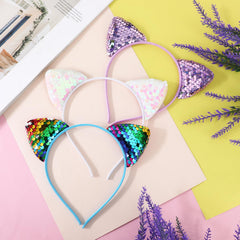 Qianyu sequin cat ears headband closeup fabric sequins showcases quality and shine