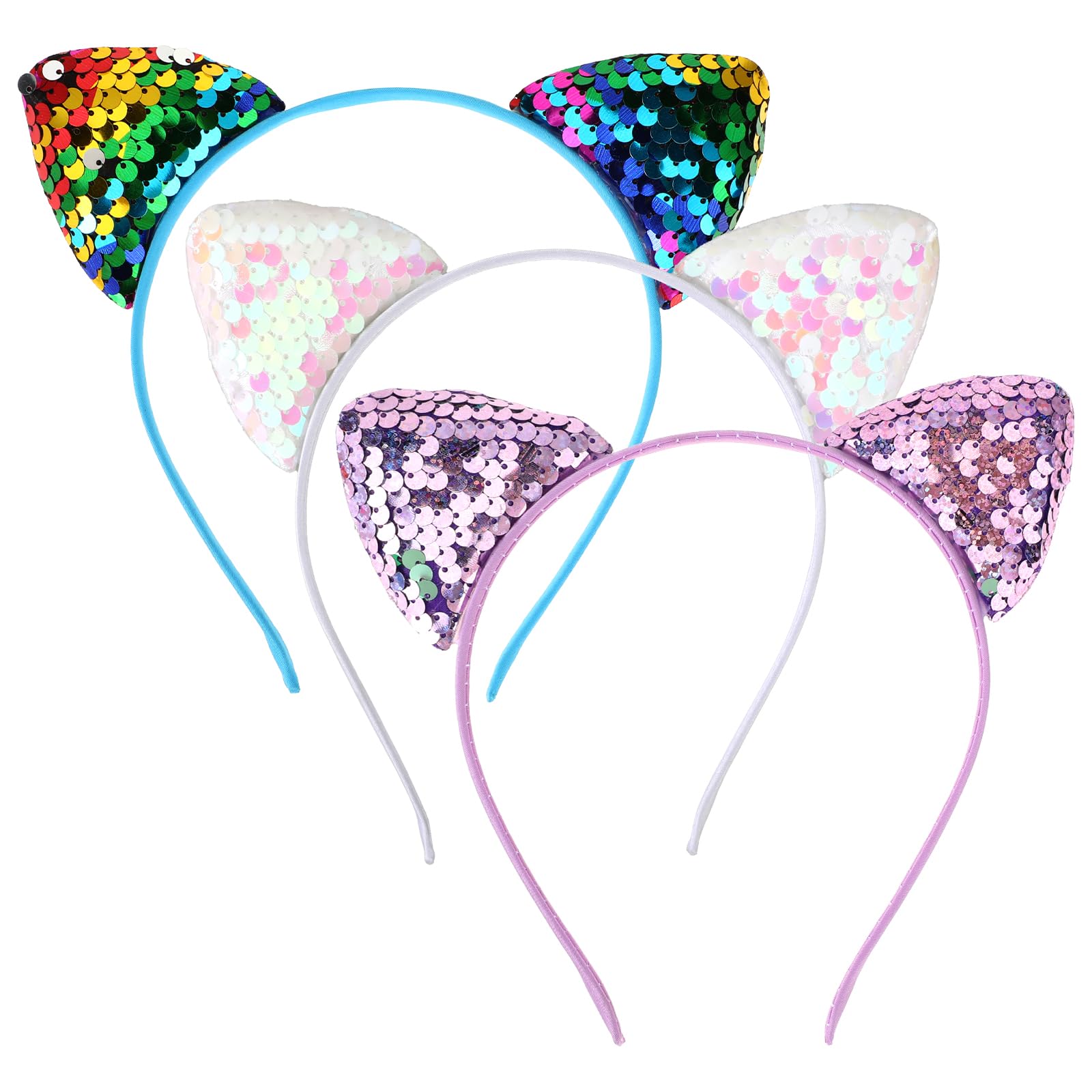 Qianyu sequin cat ears headband white side view for festive styling