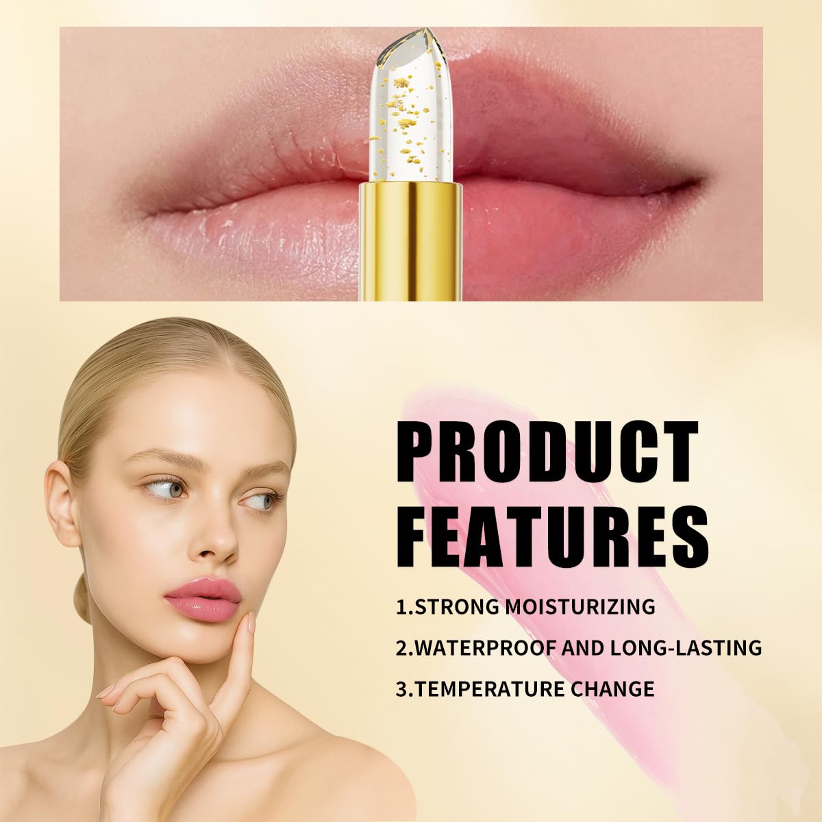 QIC natural-look color-changing lipstick on lips delivers versatile daytime-to-evening wear.