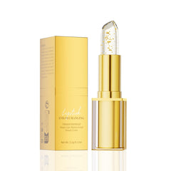 QIC transferproof color-changing lipstick in gold-foil packaging offers all-day wear.