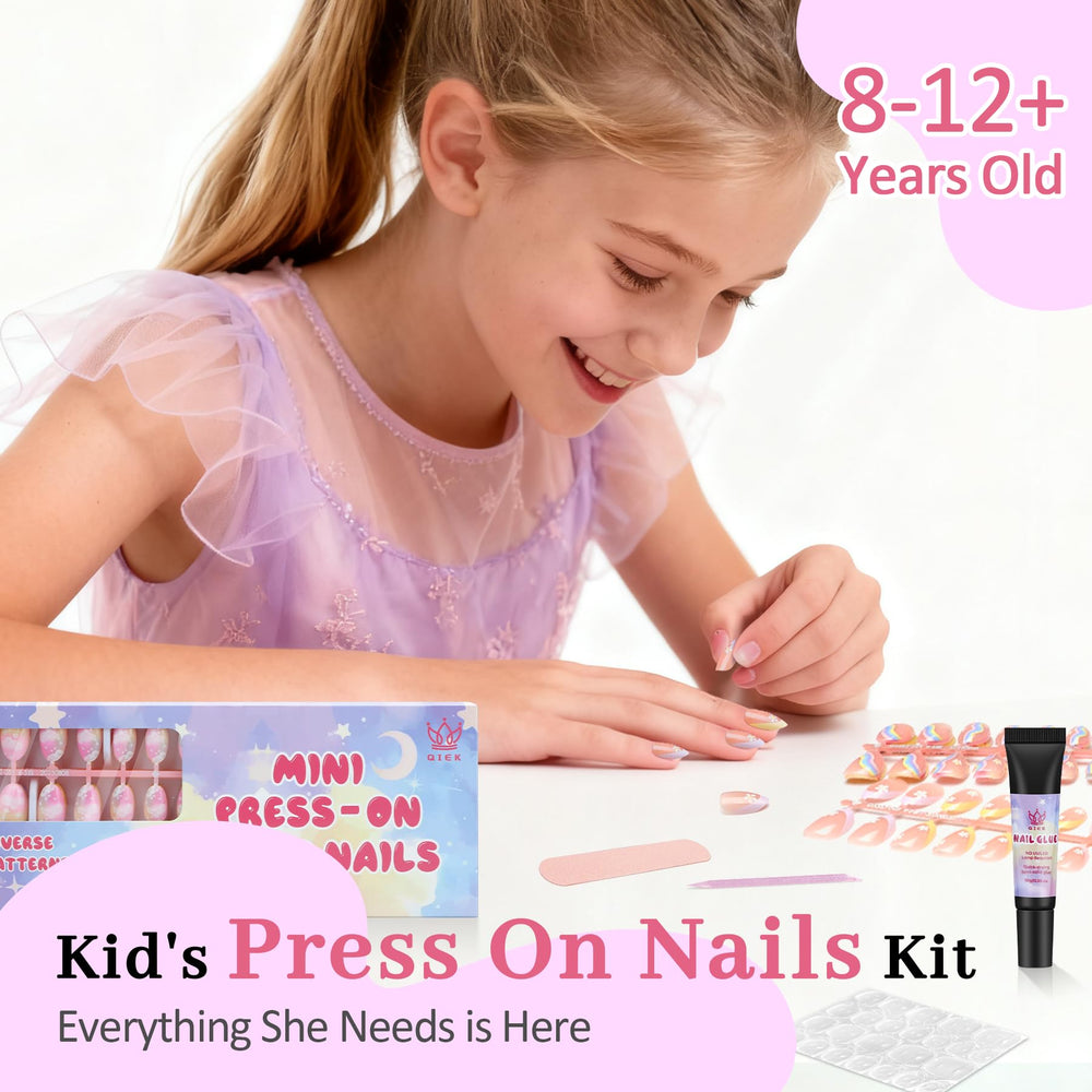 QIEK 16-sizes 128-pcs kids nails, precise fit helps quick, clean applications.