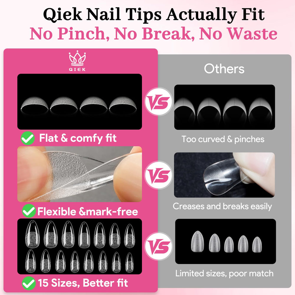 QIEK Clear nail tips offer high clarity for seamless gel or acrylic.