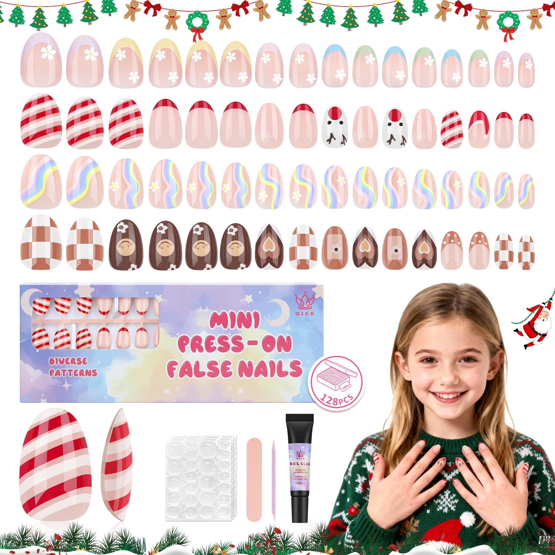 QIEK kids press-on nails kit packaging, gift-ready box for birthdays
