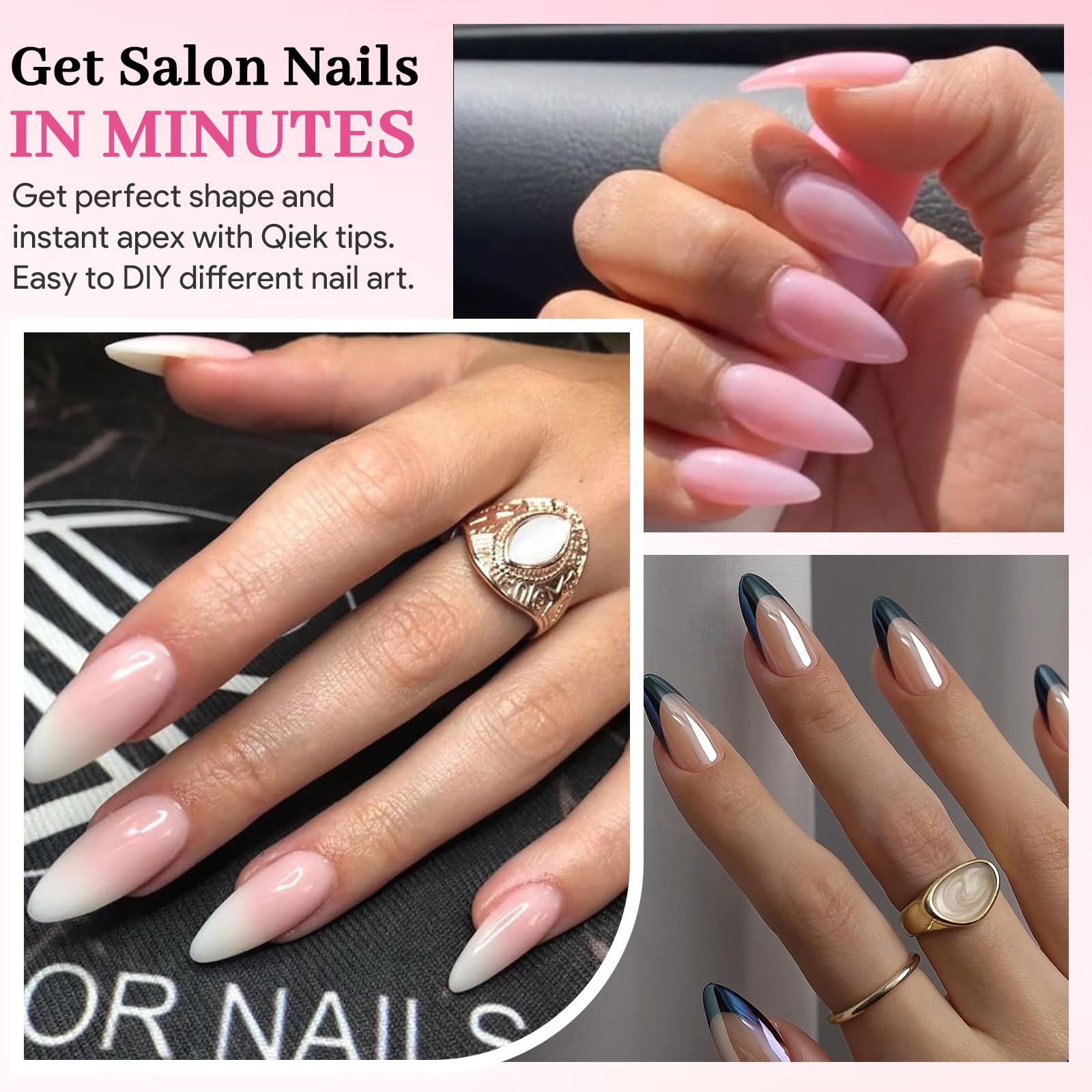 QIEK Nail Tips 15 sizes edge blend for precise natural-looking fit.