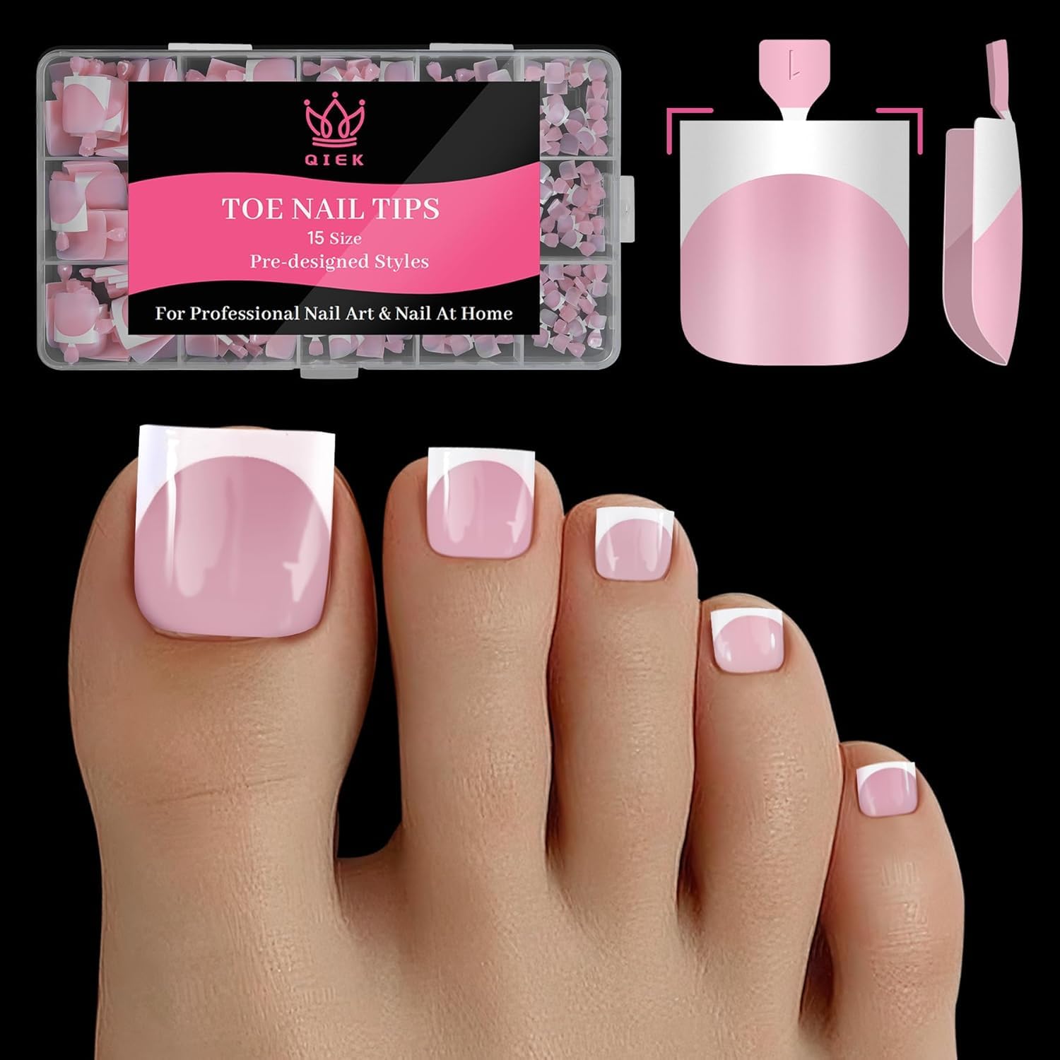 QIEK press-on toenails with baby pink French tips for chic full-cover pedicure