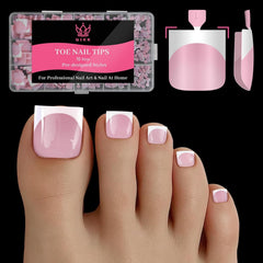 QIEK press-on toenails with baby pink French tips for chic full-cover pedicure