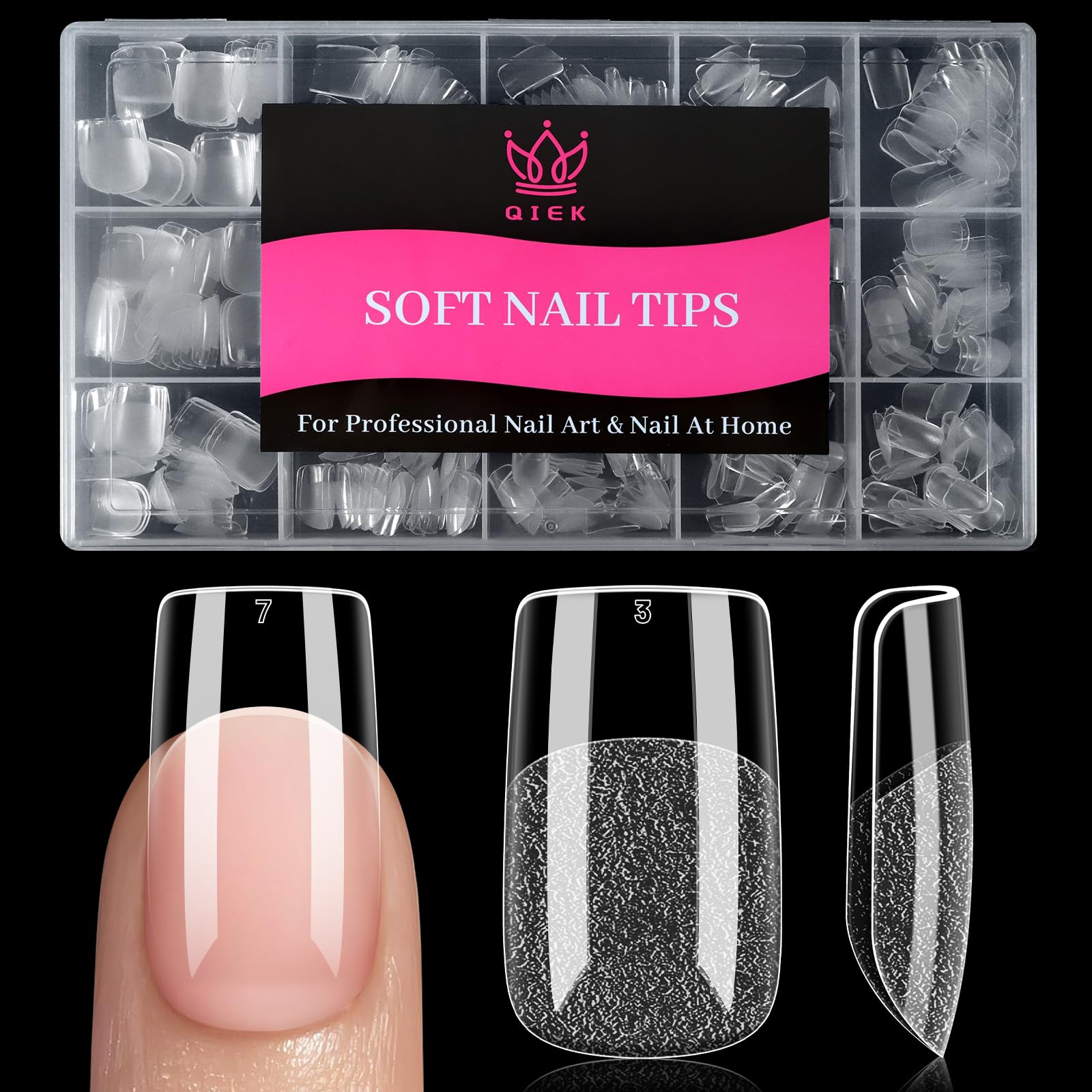 QIEK Short Square Fake Nail Tips packaging organized for easy storage and shopping