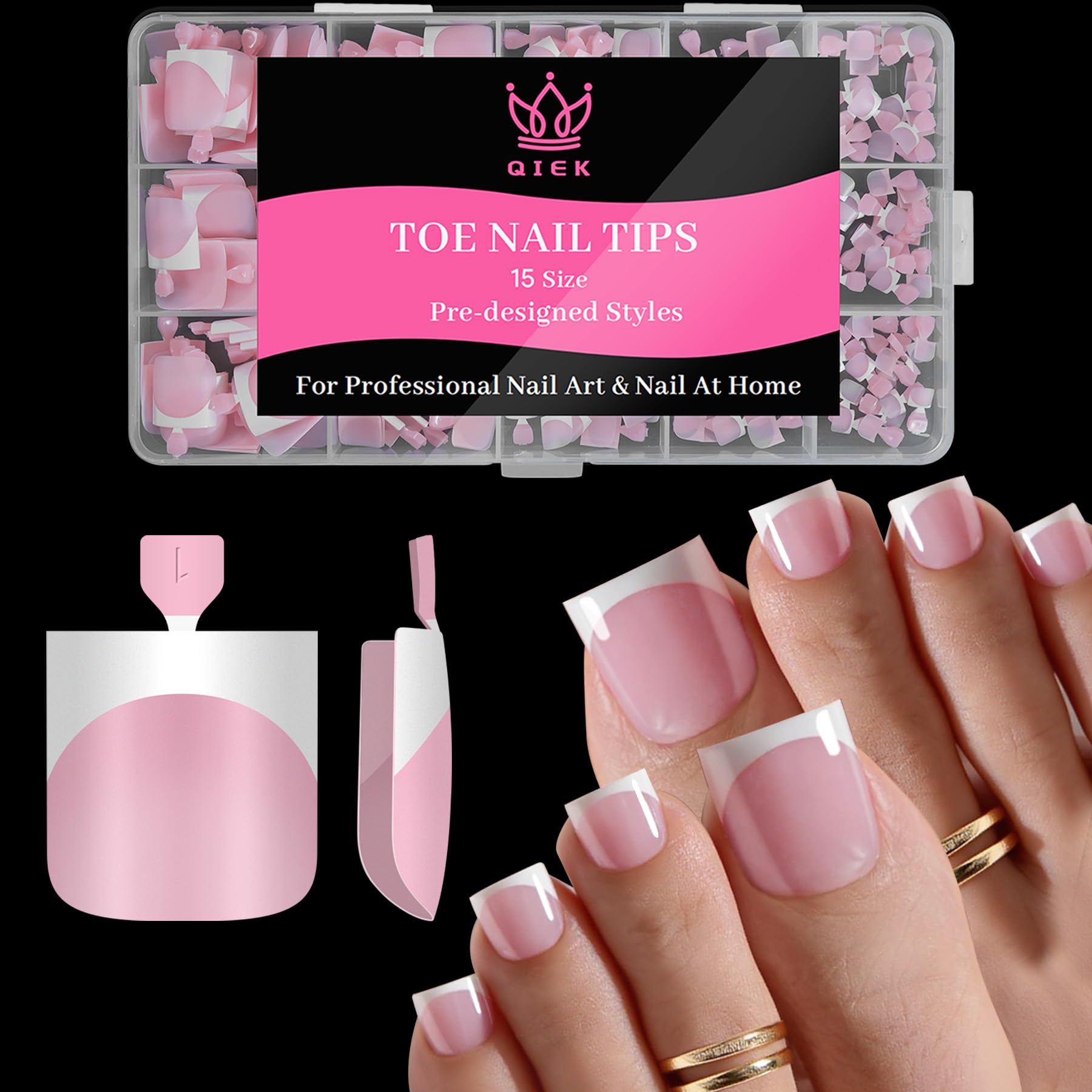 QIEK uñas Francesas para dedos de pie en rosa bebé con cobertura total, estilo elegante.